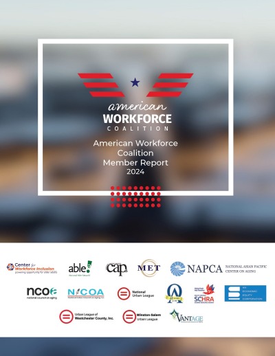 Cover of the American Workforce Coalition Member Report 2024 with blurred background and logos of member organizations at the bottom.