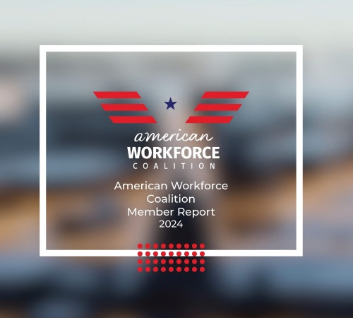 Cover of the American Workforce Coalition Member Report 2024 with blurred background and logos of member organizations at the bottom.